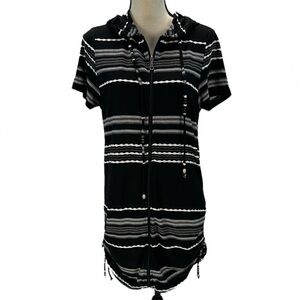 Dotti Short Sleeve Stripe Hooded Cover Up Dress - Black White - size Small